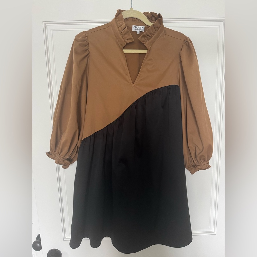 CROSBY by Mollie Burch Tan and Black A-Line Dress with Bishop Sleeves